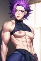 1boy ai_generated ambush_(trap) androgynous bishonen elbow_gloves eyelashes femboy girly hair_over_one_eye hitoshi_shinso large_pectorals looking_at_viewer male male_focus male_only muscles muscular muscular_femboy muscular_male my_hero_academia nai_diffusion navel nipples pecs purple_eyes purple_hair solo stable_diffusion sweat toned toned_male twink twunk yaoi