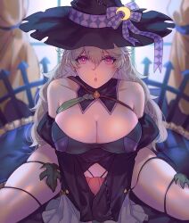 1girls alternate_costume bare_legs bare_shoulders bedroom bedroom_eyes breasts cleavage collarbone corrin_(female)_(halloween)_(fire_emblem) corrin_(fire_emblem) corrin_(fire_emblem)_(female) covered_nipples earrings female female_only fire_emblem fire_emblem_heroes grey_hair halloween halloween_costume hat jtaka large_breasts legs long_hair long_sleeves looking_at_viewer nintendo official_alternate_costume on_bed pink_eyes pointy_ears shoulders solo spread_legs wide_sleeves window witch witch_hat