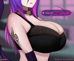 black_bra bra caption cat_ears cat_tail catgirl cleavage eye_contact eyelashes imminent_paizuri large_breasts looking_at_viewer oc original original_character pov purple_hair talking_to_viewer tattoo tattooed_arm tight_clothing yellow_eyes zurikat