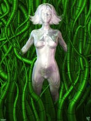 2008 3d 3d_(artwork) completely_nude_female dated g_gundam gundam metal_skin metallic metallic_body navel nipples no_pupils nude petrification pubic_hair rain_mikamura shiny shiny_skin statue stuck stuck_in_wall tentacle tubes uncensored