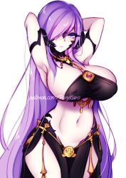 arm_behind_head arms_behind_head au_ra big_boobs big_breast big_breasts bikini black_bikini black_swimsuit black_swimwear busty dancer_outfit dirtykuro final_fantasy final_fantasy_xiv foxykuro hair_covering_eye hair_covering_one_eye hair_over_eye hair_over_one_eye hair_over_one_eyes harem_outfit kuro_(foxykuro) large_breast large_breasts purple_eyes purple_hair swimsuit swimwear voluptuous voluptuous_female