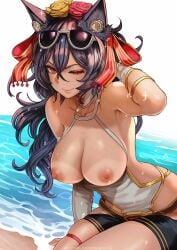 breasts breasts_out cat_ears female granblue_fantasy hair_ornament ilsa_(granblue_fantasy) jewelry looking_at_viewer magion02 one_eye_closed red_eyes solo sunglasses sunglasses_on_head tanline tanned wet wet_skin