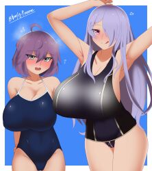 2girls :p ahoge alternate_costume alternate_version_available armpits arms_up ass_visible_through_thighs bare_shoulders bare_thighs bernadetta_von_varley black_one-piece_swimsuit black_swimsuit blue_one-piece_swimsuit blue_swimsuit blush breasts camilla_(fire_emblem) cleavage collarbone embarrassed female female_only fire_emblem fire_emblem:_three_houses fire_emblem_fates grey_eyes hair_over_one_eye heavy_blush huge_breasts large_breasts licking_lips long_hair looking_at_viewer medium_hair multiple_girls nintendo one-piece_swimsuit open_mouth pibu pink_eyes purple_hair shoulders smile steaming_body swimsuit thighs tongue tongue_out very_long_hair zipper