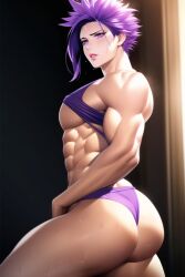 1boy abs ai_generated ambush_(trap) androgynous ass big_ass big_butt bishonen butt elbow_gloves eyelashes femboy girly gloves hair_over_one_eye hitoshi_shinso looking_at_viewer male male_focus male_only muscular muscular_femboy muscular_male my_hero_academia nai_diffusion panties pecs purple_eyes purple_hair solo stable_diffusion sweat thong toned toned_male twink twunk yaoi