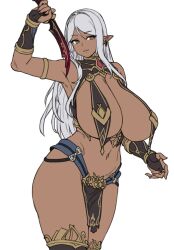 bikini_armor breast_curtains cleavage curvy dagger dark_elf elf elf_ears female grey_hair houtengeki huge_breasts long_hair looking_at_viewer original original_character pelvic_curtain pointy_ears skimpy_clothes solo tanned_skin thick_thighs thong