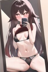 1girls ai_generated black_bra black_panties blush bra breasts brown_hair female genshin_impact hi_res holding_phone hu_tao_(genshin_impact) lingerie looking_at_viewer mirror mirror_selfie nai_diffusion navel panties petite phone red_eyes red_shirt reflection selfie shirt_lift small_breasts spread_legs stable_diffusion star_shaped_pupils sweat taking_picture twintails