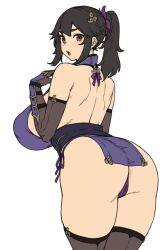 ass bikini_armor black_hair dat_ass female from_behind hair_ornament houtengeki huge_ass huge_breasts kunoichi looking_at_viewer looking_back original original_character pelvic_curtain sideboob skimpy_clothes solo thick_thighs thighhighs thong wide_hips