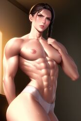 1boy abs ai_generated ambush_(trap) brown_eyes brown_hair female_to_femboy femboy feminine_male genderswap_(ftm) lara_croft looking_at_viewer male male_only muscular_male nai_diffusion navel nipples nude pecs rule_63 solo stable_diffusion tomb_raider