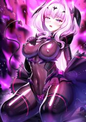 alternate_eye_color bat_wings body_markings bodysuit corruption covered_erect_nipples covered_navel dark_persona demon_girl demon_tail head_wings iro_ame_(amewaagada) kouyoku_senki_exs-tia latex latex_bodysuit light_particles lusterise magical_girl miyashirou pink_eyes pink_hair pubic_tattoo rubber_suit succubus succubus_tail succubus_tattoo tail tattoo transformation wings