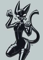 anthro ass black_body breasts cat_ears domestic_cat felid feline felis female furry furry_only latex latex_cat_(notyoursagittarius) notyoursagittarius posing tail tight_clothing zipper zipper_mouth