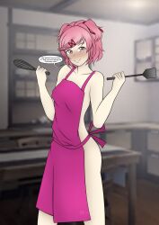 1girls apron apron_only blush blushing dialogue doki_doki_literature_club embarrassed embarrassed_female english_text female genkun gnyrkd holding_object holding_spatula kitchen looking_at_viewer naked_apron naked_under_clothes natsuki_(doki_doki_literature_club) nude_underneath pink_apron pink_eyes pink_hair smile smiling smiling_at_viewer solo spatula standing text text_bubble