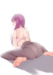 ass back black_leggings blush bra doki_doki_literature_club feet flustered leggings looking_at_viewer looking_back looking_back_at_viewer no_shirt pink_bra purple_eyes purple_hair shadow socks suishi_chr_(artist) tight_fit white_background yuri_(doki_doki_literature_club)