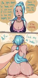 1boy 1girls anal anal_sex ass big_ass big_breasts blue_hair blush dialogue doggy_style english_text female from_behind hair_grab hair_pull long_hair male male/female nefertari_vivi one_piece ponytail s0_underrated speech_bubble text unseen_male_face virgin virgin_doing_anal