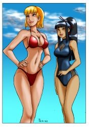 2girls aged_up artist_signature asian asian_female atsuko_(inspector_gadget) beach bikini black_hair blonde_hair cleavage colored colored_sketch curves dastigy female female_only friends hourglass_figure inspector_gadget line_art one-piece_swimsuit outside penny_gadget shoxxe straight_hair swimsuit