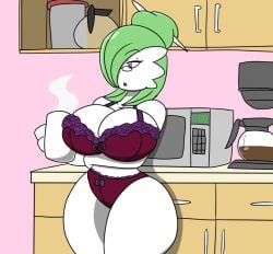 1girls 2017 appliance arm_under_breasts beverage big_breasts bottomwear bra breasts cleavage clothed clothing coffee curvy_figure detailed_background digital_media_(artwork) eyelashes eyewear female gardevoir generation_3_pokemon glasses green_hair hair high_waisted_bottomwear hourglass_figure huge_breasts igphhangout kitchen kitchen_appliance microwave_oven nintendo not_furry one_eye_obstructed panties pink_eyes pokémon_(species) pokemon pokemon_(species) solo standing thick_thighs underwear underwear_only video_games voluptuous white_body white_skin wide_hips