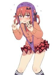 atomic_wedgie exposed_thighs gabriel_dropout hair_between_eyes hair_ornament hair_ribbon kurumizawa_satanichia_mcdowell moriya1707 peace_sign pink_eyes red_hair satanichia_kurumizawa_mcdowell school_uniform schoolgirl short_skirt stockings wedgie