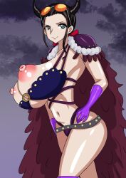 beast_pirates_(cosplay) big_breasts big_nipples black_hair cape curvy female female_only furioso gloves large_areolae large_breasts nico_robin one_piece post-timeskip solo solo_female sunglasses sunglasses_on_head thighs