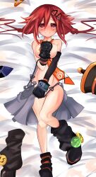 bare_legs bare_shoulders breasts covering_breasts covering_crotch female female_only footwear from_above gloves goddess hairclip looking_at_viewer lying_on_back lying_on_bed megaphone neptunia_(series) nounaikakusan orange_eyes practically_nude red_hair slim_waist smile tearing_up thighs tie twintails undressing uzume_tennouboshi