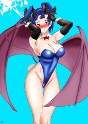 arueshalae big_breasts blue_hair blush bunny_ears bunny_girl bunny_pose bunny_tail bunnysuit cleavage curvaceous demon_girl female female_only highleg_leotard horns leotard lipstick nervous nervous_smile pathfinder pathfinder_wrath_of_the_righteous red_eyes short_hair solo_focus succubus tail thigh_gap thighs wide_hips wings