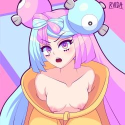 1girls areolae blue_and_pink_hair breasts eye_contact fancy_shmancy_hair_clips female female_only gym_leader hair_ornament iono_(pokemon) long_hair looking_at_viewer medium_breasts nintendo nipples pokemon pokemon_sv rvida sharp_teeth solo twintails two_tone_hair