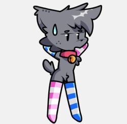 1boy anthro arms_behind_head black_eyes cat_ears catboy collar crotch_tuft evdeebz_(artist) feline femboy fluffy_tail freckles friday_night_funkin friday_night_funkin_mod grey_fur kapi_(paperkitty) male male_only naked plain_background sweating thighhighs thighs