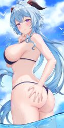 absurdres ahoge alternate_costume ass ass_cleavage ass_grab back bangs bare_arms bare_shoulders bikini bird blue_bikini blue_hair blue_sky blush breasts butt_crack closed_mouth cloud deep_skin female floating_hair from_side ganyu_(genshin_impact) genshin_impact goat_horns grabbing_own_ass highres horns huge_ass large_breasts long_hair looking_at_viewer partially_underwater_shot ponytail ronnie_z sideboob sidelocks skindentation sky smile solo strap_gap string_bikini swimsuit thighs wading water wet