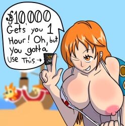 1girls big_breasts bikini_top condom confidentartist english_text female female_only flashing large_breasts long_hair nami one_piece orange_hair post-timeskip prostitution solo solo_focus speech_bubble text thousand_sunny