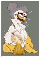 anatid anseriform anthro anus ass ass_grab avian beak bird bodily_fluids butt_grab cjzilla88 dildo disney downy_mcduck duck ducktales female gaping gaping_anus genital_fluids grey_background grey_hair hair hand_on_butt hi_res kneeling looking_pleasured masturbation nipples nude old open_mouth pussy_juice sex_toy simple_background solo tongue white_body