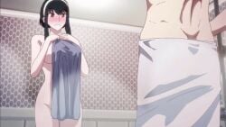 animated bathroom big_breasts black_hair loid_forger maplestar spy_x_family towel towel_only yor_briar yor_forger