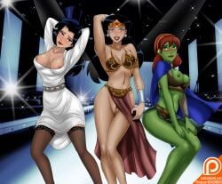 2d 3girls alien alien_girl alien_look_like_human cosplay crossover dc dc_comics diana_prince female female_only green-skinned_female green_skin justicehentai.com miss_martian multiple_girls patreon slave_leia_(cosplay) star_wars superheroine wonder_woman wonder_woman_(series) young_justice zatanna zatanna_zatara