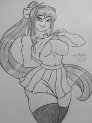 2019 artmohch belly_button blep braless breasts doki_doki_literature_club female flashing flashing_breasts long_hair monika_(doki_doki_literature_club) nipples pencil_(artwork) skirt thighhighs traditional_art traditional_drawing_(artwork) traditional_media traditional_media_(artwork)