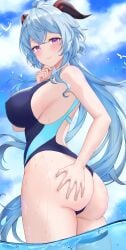 absurdres ahoge alternate_costume ass ass_grab back bangs bare_arms bare_shoulders bird blue_hair blue_one-piece_swimsuit blue_sky blush breasts closed_mouth cloud competition_swimsuit covered_erect_nipples deep_skin female floating_hair from_side ganyu_(genshin_impact) genshin_impact goat_horns grabbing_own_ass highres horns huge_ass large_breasts long_hair looking_at_viewer one-piece_swimsuit partially_underwater_shot ponytail purple_eyes ronnie_z sideboob sidelocks skindentation sky smile solo swimsuit thigh_strap thighs two-tone_swimsuit wading water wet