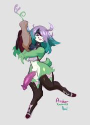 anthro bottomless clothed clothing fur furry furry_only genitals girly green_body green_fur hi_res legwear male male_only mammal nedoiko partially_clothed penis plant simple_background tail thigh_highs vase vein veiny_penis white_background