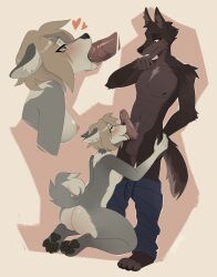 anthro ass blonde_hair blush bottomwear bottomwear_down breasts brown_body brown_fur canid canine canis clothed clothing domestic_dog duo eyelashes eyelids feet fellatio female female_penetrated foreskin fur genitals grey_body grey_fur hair heart hi_res kneeling licking looking_down_at_partner male male/female male_penetrating male_penetrating_female mammal mostly_nude nipples nude oral pants pants_down partially_clothed pawpads penetration penile penis penis_in_mouth penis_lick sex smile standing tongue tongue_out v7eemx