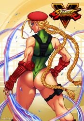 1girls ass big_ass blonde_hair blue_eyes cammy_white capcom darkereve legs leotard long_hair looking_at_viewer looking_back muscular_female seductive seductive_smile sensual street_fighter thick_thighs thighs thong_leotard toned twin_braids