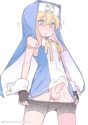 1boy balls bike_shorts blonde_hair blue_eyes blush bridget censor_bar censored erect_penis erection femboy fingerless_gloves guilty_gear male male_only nun nun's_habit nun_outfit nyakkuru penis shorts shorts_down solo spandex_shorts testicles