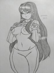 2019 artmohch blush braless breasts closed_eyes doki_doki_literature_club female flashing flashing_breasts long_hair navel nipples pencil_(artwork) shy traditional_art traditional_drawing_(artwork) traditional_media traditional_media_(artwork) yuri_(doki_doki_literature_club)