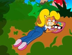 activision anthro ass big_butt biggypiggy1_(artist) clothing coco_bandicoot computer crash_(series) electronics fart fart_cloud fart_fetish farting female footwear fur gassy jeans laptop looking_pleasured solo video_games