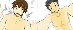 2022 2boys black_hair blush brown_hair canon_couple completely_nude gay gay_couple gay_sex hair isekai_quartet kono_subarashii_sekai_ni_shukufuku_wo! male male_on_femboy natsuki_subaru nipples nude re:zero_kara_hajimeru_isekai_seikatsu satou_kazuma sex simple_background smile spidey_2012 yaoi