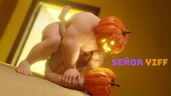 16:9 3d_(artwork) 4k absurd_res anal body_hair chest_hair digital_media_(artwork) from_front_position hi_res humanoid male male/male mating_press muscular muscular_male nipples nude pubes pumpkin_head senyoryiff sex size_difference widescreen