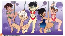 5boys brown_hair crossdressing crossover dipper_pines femboy femboy_stripper feminine_male girly gravity_falls lincoln_loud male_only marco_diaz one-piece_swimsuit scarlettfay star_vs_the_forces_of_evil straight_hair stripper_pole swimsuit the_loud_house trap victor_and_valentino