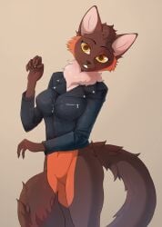 absurd_res anthro black_nose brown_body brown_fur canid canine clothing cross_fox digital_media_(artwork) ember_arashi female fox fur genitals hair hi_res mammal orange_body orange_fur pussy red_fox simple_background smile solo