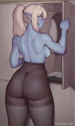 1girls 2022 ass_focus asura_(artist) atera_(mr._darling) back_view backboob big_ass blue_skin blush elf elf_ears locker_room long_hair looking_at_viewer looking_back original pantyhose pointy_ears ponytail rear_view see-through see-through_clothing sweat tagme thick_ass thick_thighs thong topless white_hair wide_hips