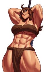 1girls abs absurd_res aqua_eyes arms_behind_head brown_hair commission female female_only loincloth looking_at_viewer muscles muscular muscular_female muscular_thighs narrowed_eyes smiling smiling_at_viewer solo sotcho white_background