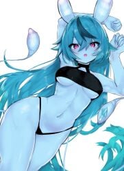 armpits arms_behind_head arms_up artsyvrc blue_hair blue_skin bunny_ears clothed flustered full_body half-dressed open_mouth pink_eyes shy slime underboob white_background