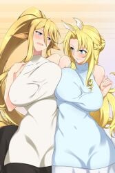 2girls belly_button big_breasts blonde_hair blue_eyes braided_hair breast_squish breasts centaur centaur_girl centorea_shianus duo equid equid_taur exposed_breasts female female/female female_only hair hi_res huge_breasts humanoid_taur large_breasts lindaroze long_hair mammal mammal_taur monster_girl monster_girl_(genre) monster_musume_no_iru_nichijou monster_musume_no_oisha-san multiple_girls naked navel nipples nude ponytail squish sехual taur tisalia_scythia