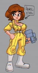 1girls april_o'neil april_o'neil_(tmnt_1987) big_breasts bodysuit boots breasts brown_hair camera cleavage female female_only hand_on_hip jellot lipstick looking_at_viewer teenage_mutant_ninja_turtles thick_thighs yellow_jumpsuit