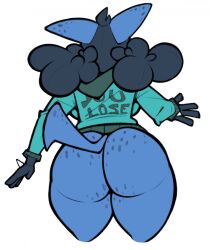 2017 aimbot-jones anthro ass big_butt black_body black_fur black_hair blue_body blue_fur bottomless breasts clothing faceless_character faceless_female female freckles fur hair hi_res hoodie lucario nerdcario nerdy_(sirphilliam) nintendo pokemon pokemon_(species) rear_view simple_background solo standing teal_clothing teal_hoodie text text_on_clothing text_on_hoodie text_on_topwear thick_thighs topwear video_games white_background wide_hips