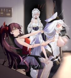 3girls areolae arm_grab arms_held_back azur_lane belfast_(azur_lane) bra bra_removed breasts brown_hair caught caught_in_the_act cheating cucked_by_futa cucked_by_lesbian cuckold cuckquean dominant domination drooling enterprise_(azur_lane) eyes_rolling_back female femdom forced futa futanari grin hair_grab hair_pull hair_pulling humiliation intersex large_breasts maid maid_apron maid_uniform mind_break netorare nipples ntr penetration purple_eyes rape red_dress role_reversal roryame rough_sex saliva saliva_drip shocked sitting sitting_on_lap sitting_on_person skirt skirt_up strap-on strapon submissive submissive_female sweat sweatdrop taken_from_behind tongue tongue_out walked_in_on white_bra white_hair yuri zuikaku_(azur_lane)