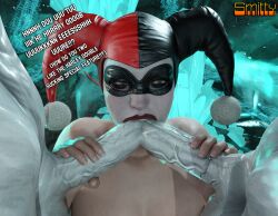 1girls 2boys 3d 3d_(artwork) batman:_arkham_knight batman_(series) blender_(software) blowjob completely_naked completely_naked_female completely_nude completely_nude_female crossover dc dc_comics double_barrel_blowjob double_fellatio handjob harley_quinn harley_quinn_(classic) harley_quinn_(injustice) huge_cock injustice_2 large_penis licking_penis makeup monster outlast pale-skinned_female red_barrels smitty34 tagme text unseen_male_face walrider